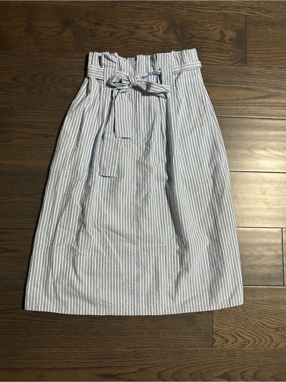 Club Monaco Blue and White Striped Paperbag Midi Skirt with Self-Tie